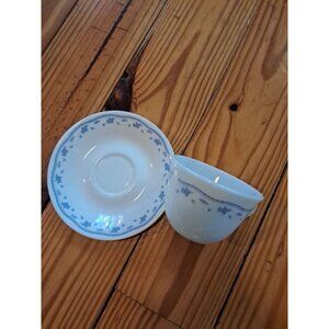 CORNING CORELLE PYREX MORNING BLUE COFFEE MUGS SET 7 VTG Milk Glass & Plates